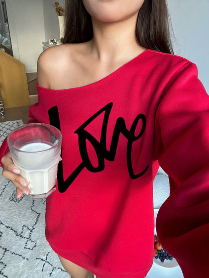 SXV Casual Minimalist Love Graffiti Print Loose Off-Shoulder Sweatshirt, Thickened Red