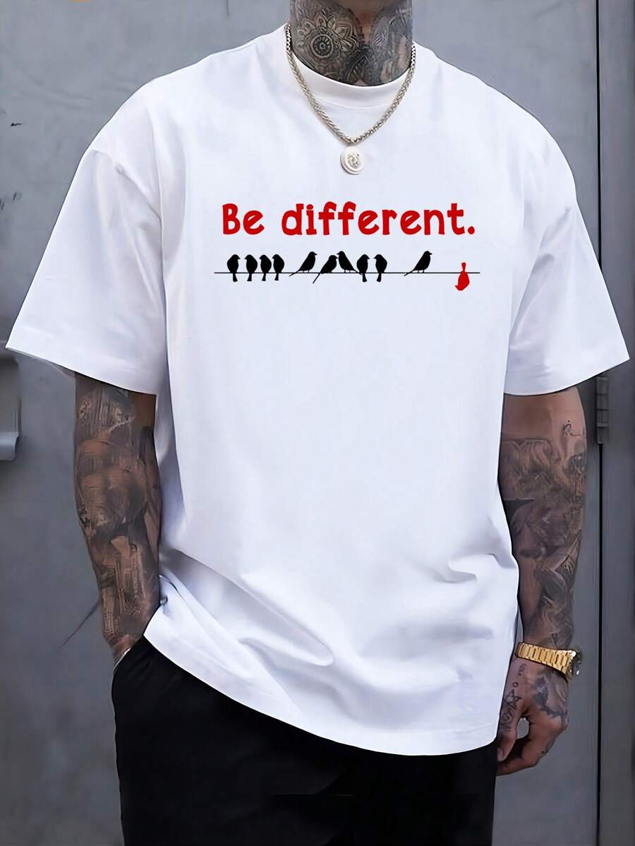 SXV Men's Letter & Bird Graphic Round Neck Short Sleeve Casual T-Shirt
