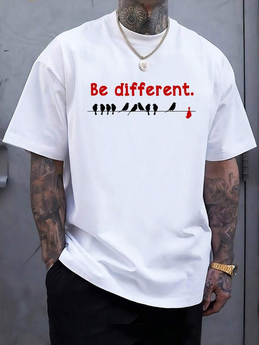 SXV Men's Letter & Bird Graphic Round Neck Short Sleeve Casual T-Shirt