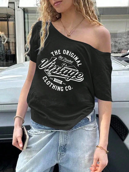 SXV Vintage Print Women's Off-Shoulder Asymmetric Neck Women's T-Shirt Summer