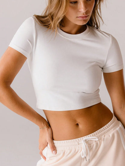 SXV Classic White Fitted Everyday Essential Brushed Crop Top