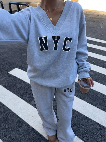 SXV 2pcs Women Oversized V-Neck Fluffy Stretch Jersey Casual Minimalist NYC Logo Sweatshirt And Sweatpants Set, Autumn