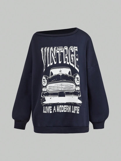 Women's Casual Car Letter Print Sweatshirt For Autumn Pullover Fall Outfit