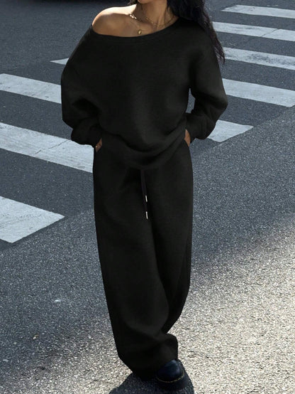 SXV 2pcs Women's Black Wide Neckline Off-Shoulder Loose Casual Sweatshirt And Wide Leg Sweatpants Set