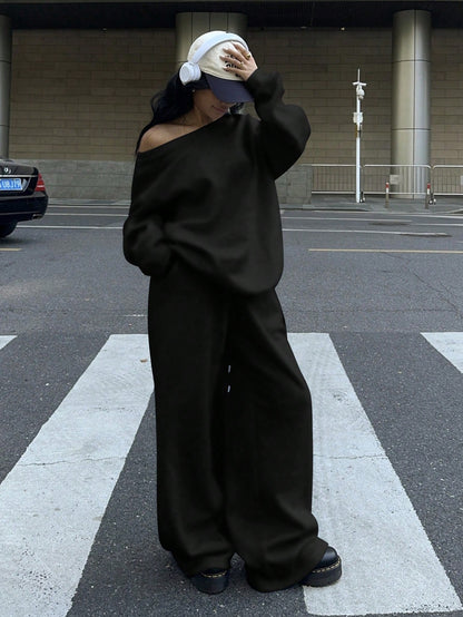 SXV 2pcs Women's Black Wide Neckline Off-Shoulder Loose Casual Sweatshirt And Wide Leg Sweatpants Set