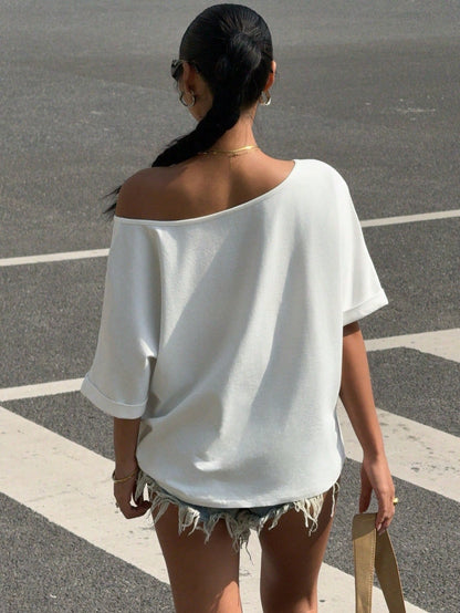 SXV White Knitted Loose Fitting One Shoulder Short Sleeve T-Shirt For Women