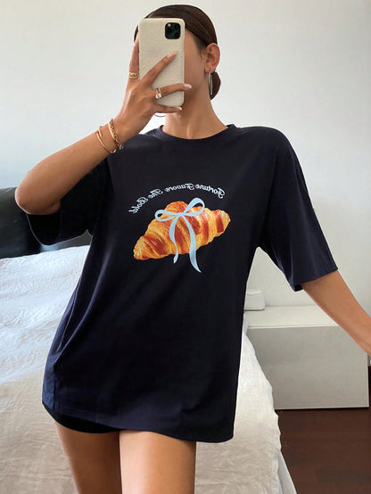 SXV crossiant Print Casual Round Neck T-Shirt