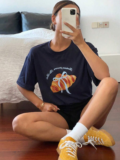 SXV crossiant Print Casual Round Neck T-Shirt