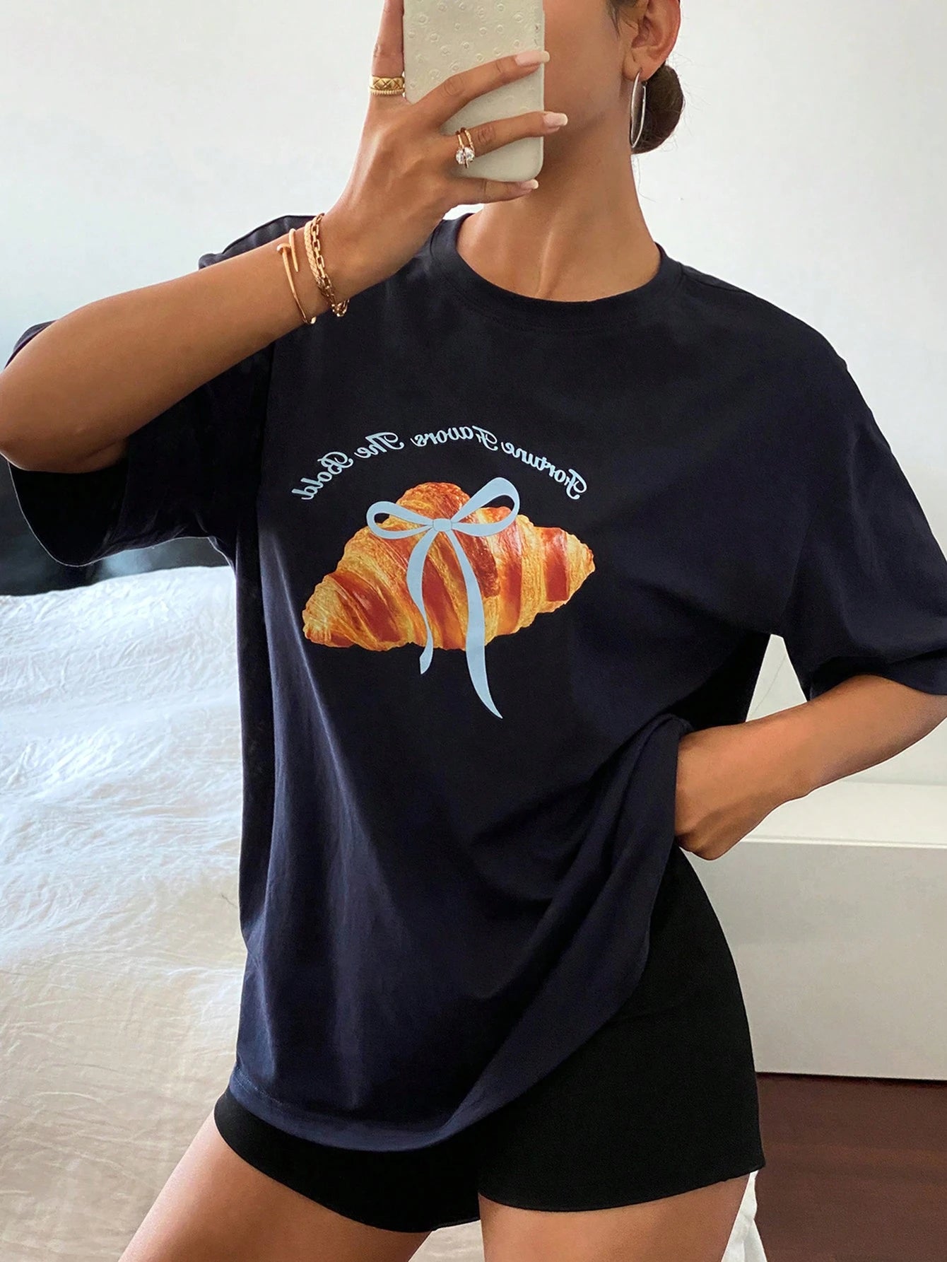 SXV crossiant Print Casual Round Neck T-Shirt
