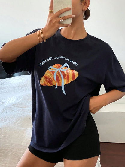 SXV crossiant Print Casual Round Neck T-Shirt