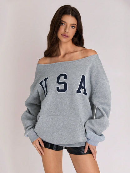 SXV Women's Fleece Sweatshirt With Design, Open Shoulder, Casual, Everyday Wear For Winter