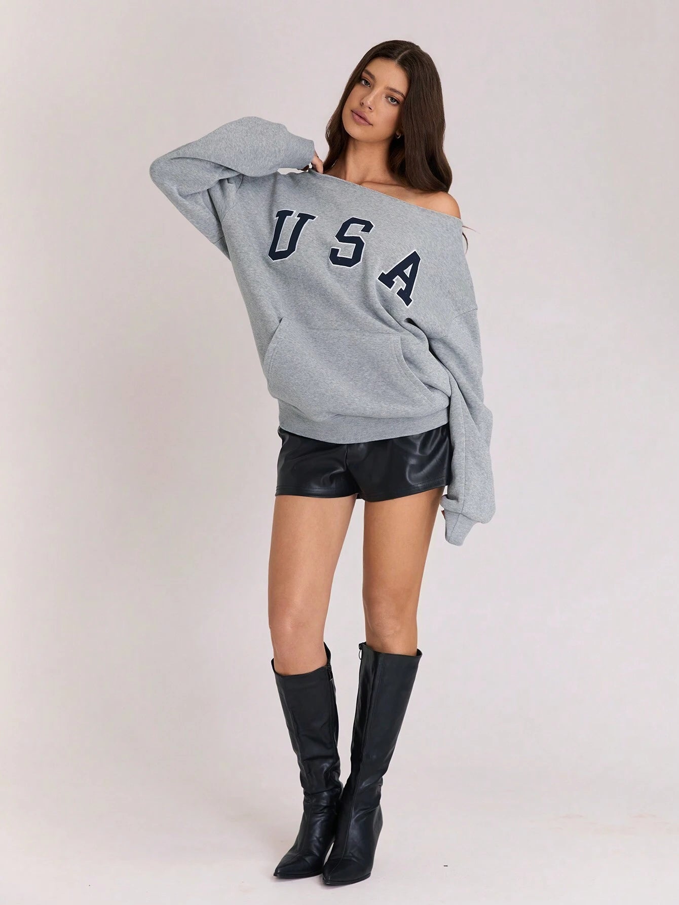 SXV Women's Fleece Sweatshirt With Design, Open Shoulder, Casual, Everyday Wear For Winter