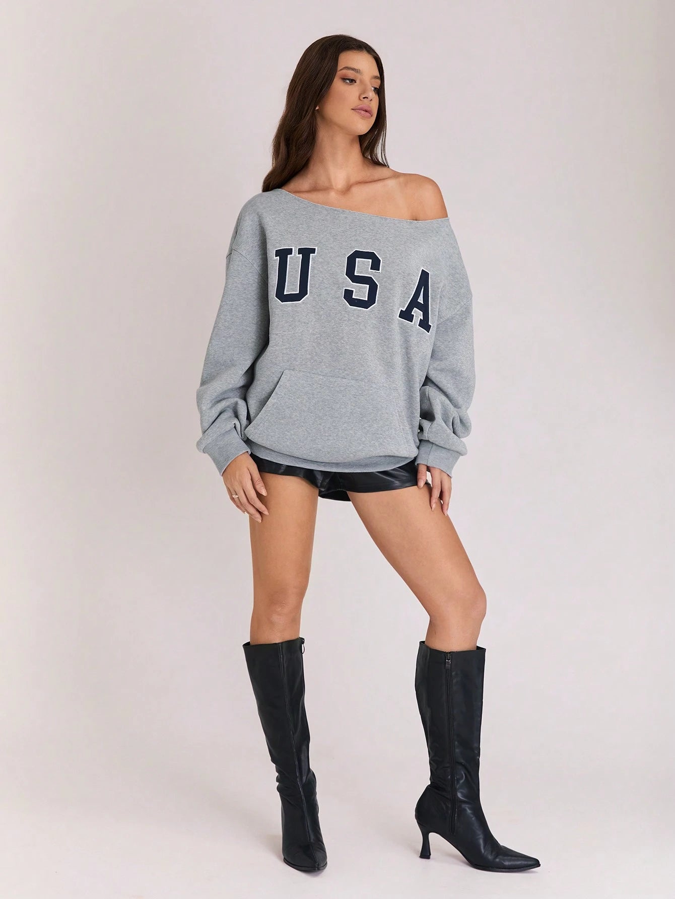 SXV Women's Fleece Sweatshirt With Design, Open Shoulder, Casual, Everyday Wear For Winter