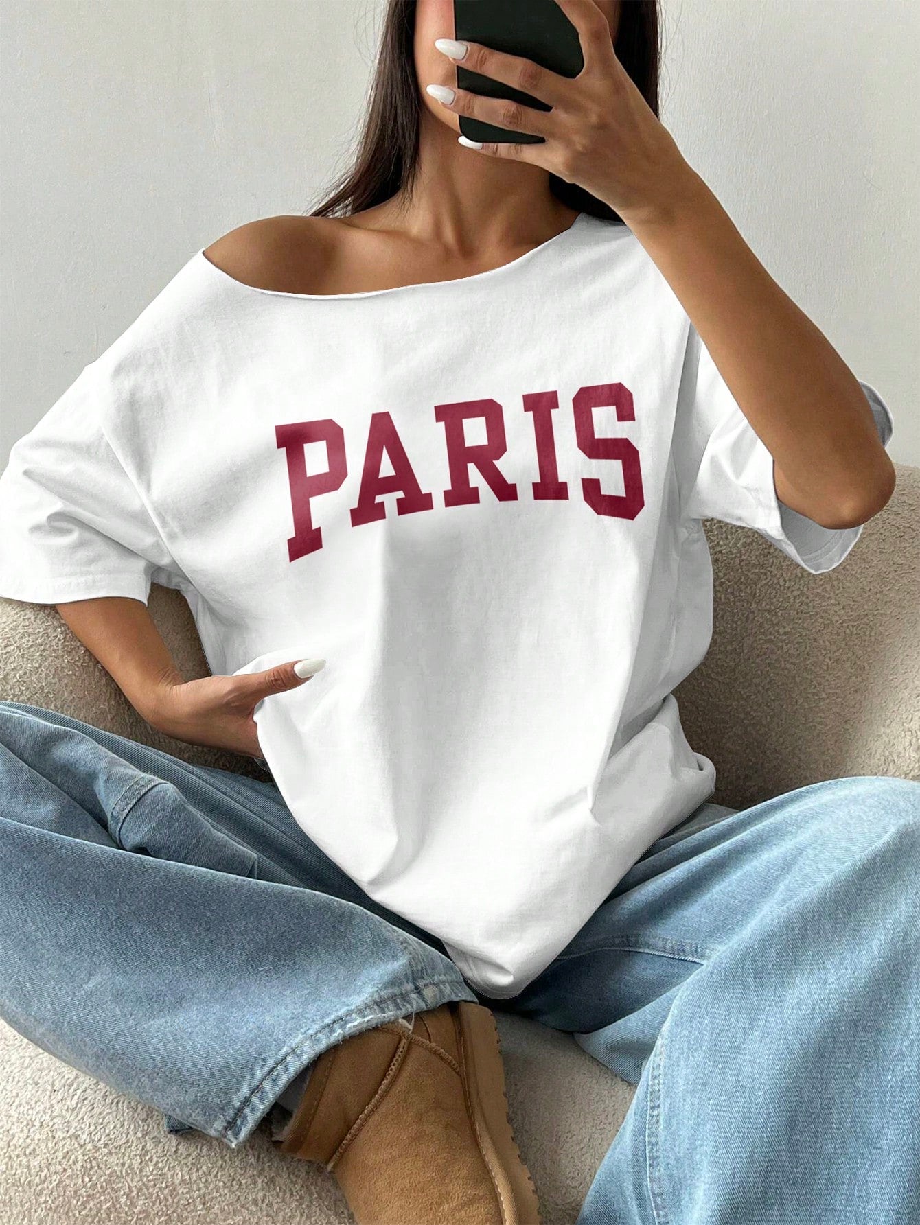 SXV Women Loose Oblique Shoulder Paris City Print Short Sleeve