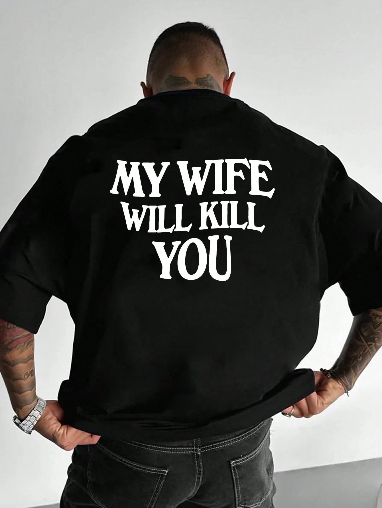 SXV my wife will kill you Men's Letter & Wing Print Round Neck Short Sleeve Casual Loose T-Shirt