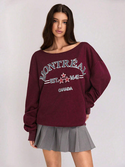 SXV Off Shoulder Three-Way Letter Print Sweatshirt Pullover Fall Outfit