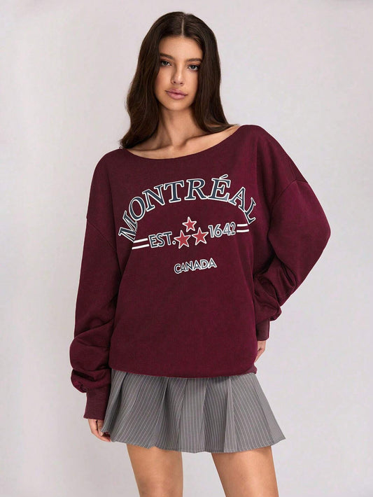 SXV Off Shoulder Three-Way Letter Print Sweatshirt Pullover Fall Outfit