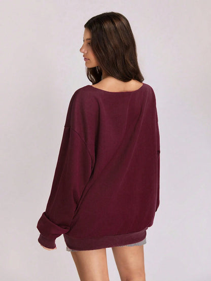 SXV Off Shoulder Three-Way Letter Print Sweatshirt Pullover Fall Outfit