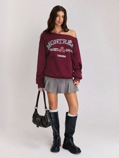 SXV Off Shoulder Three-Way Letter Print Sweatshirt Pullover Fall Outfit
