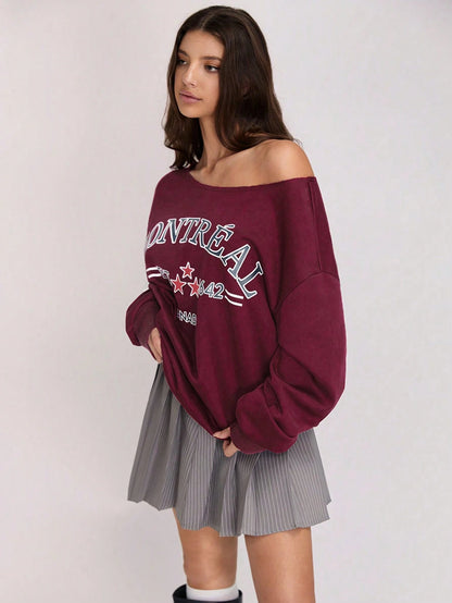 SXV Off Shoulder Three-Way Letter Print Sweatshirt Pullover Fall Outfit