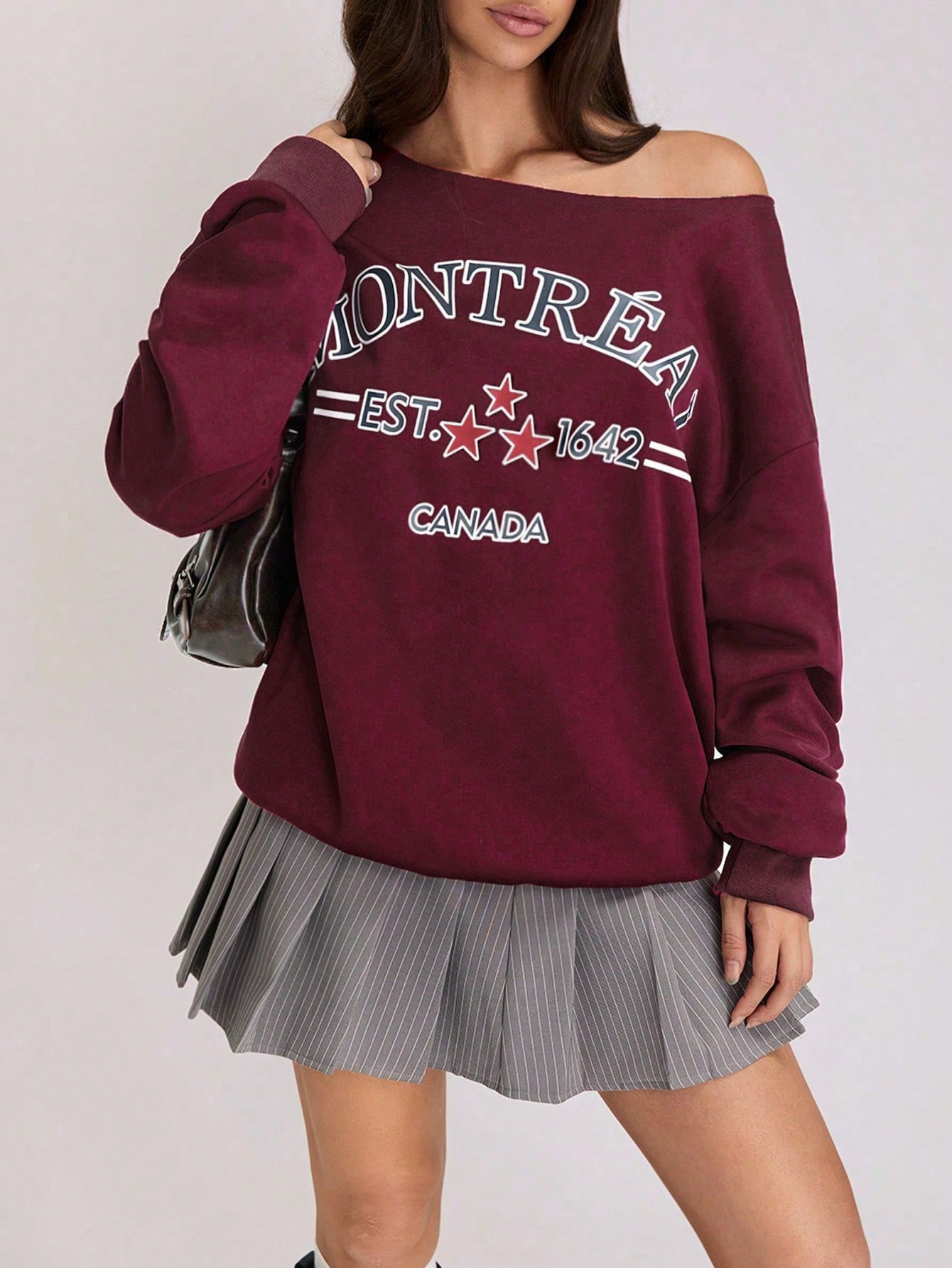 SXV Off Shoulder Three-Way Letter Print Sweatshirt Pullover Fall Outfit