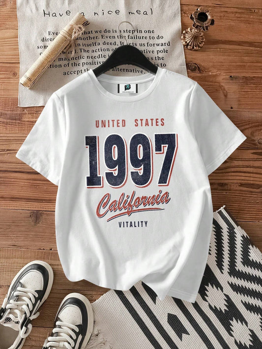 SXV Casual Minimalist 1997 Pattern Round Neck Short Sleeve Loose Women T-Shirt, Cotton Blend, Suitable For Summer