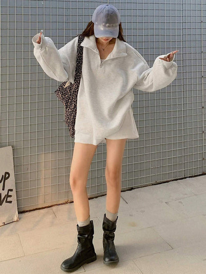 SXV Women's Oversized Half zipped Collar Pullover Sweatshirt