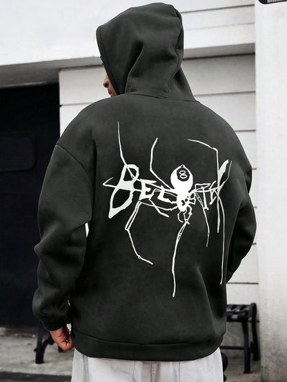 SXV Men's Drawstring Hoodie With Pocket & Spider Print, Casual Sweatshirt