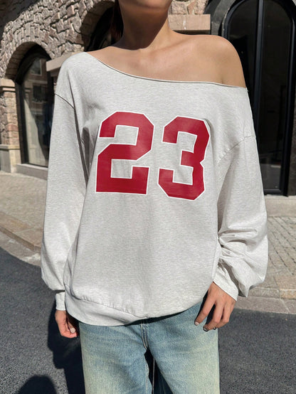 SXV Women's Off-Shoulder Casual Fashion Pattern Loose Fit Long Sleeve Sweatshirt