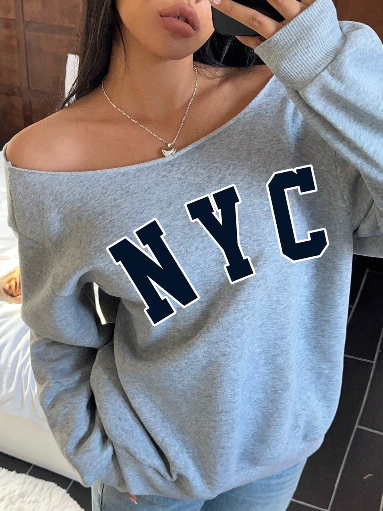SXV Casual NYC Print Loose Off-Shoulder Sweatshirt, Thickened Grey