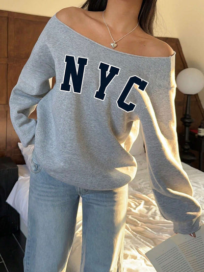 SXV Casual NYC Print Loose Off-Shoulder Sweatshirt, Thickened Grey
