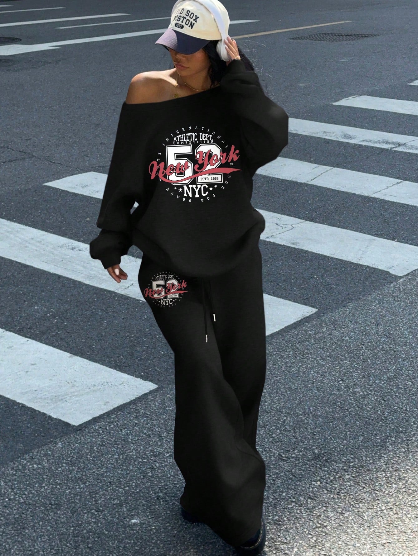 SXV 2pcs Ahletic dept Women's Set Oversized Off-Shoulder Loose Sweatshirt And Wide-Leg Thermal Lined Sweatpants For Autumn