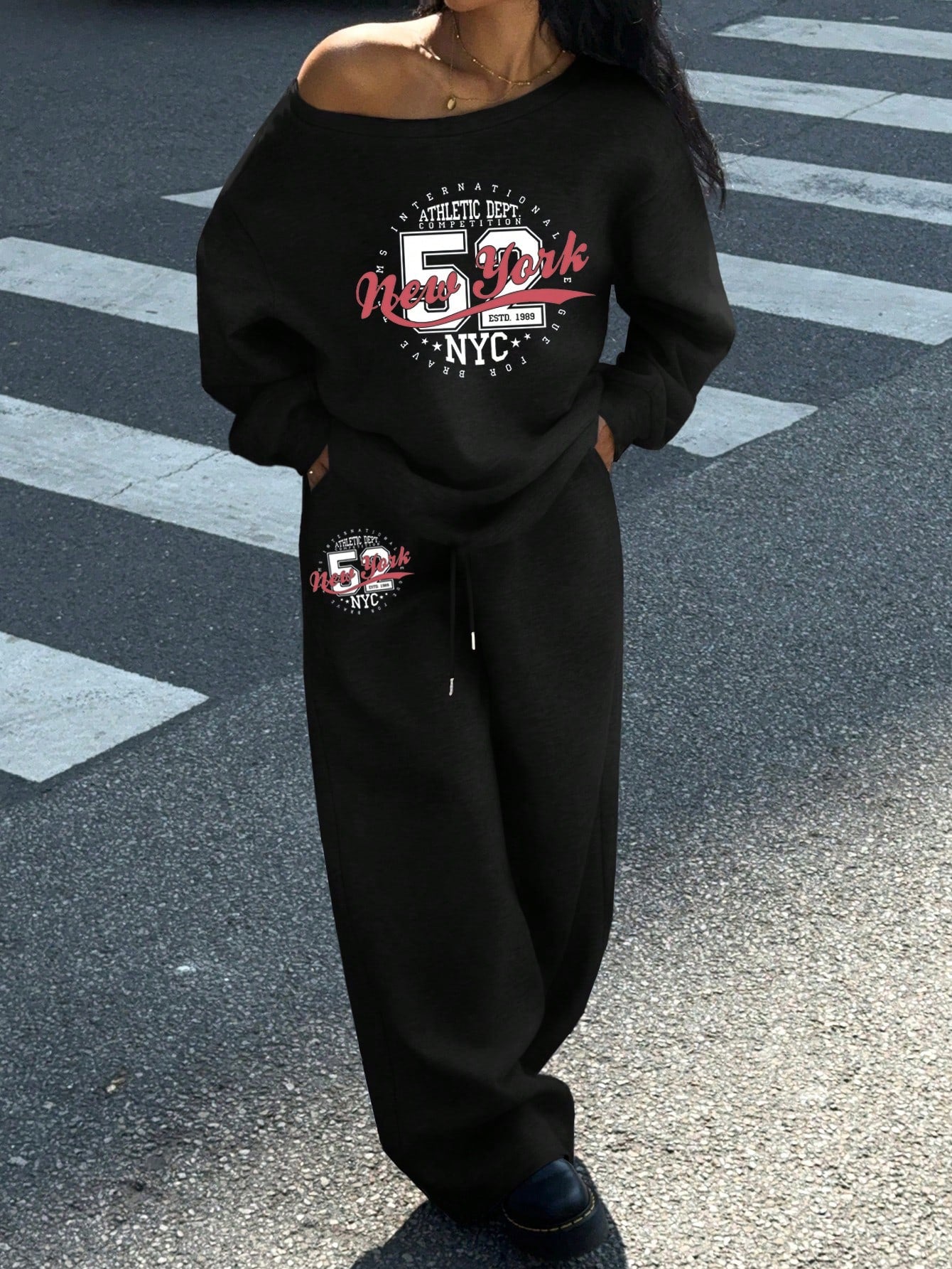 SXV 2pcs Ahletic dept Women's Set Oversized Off-Shoulder Loose Sweatshirt And Wide-Leg Thermal Lined Sweatpants For Autumn