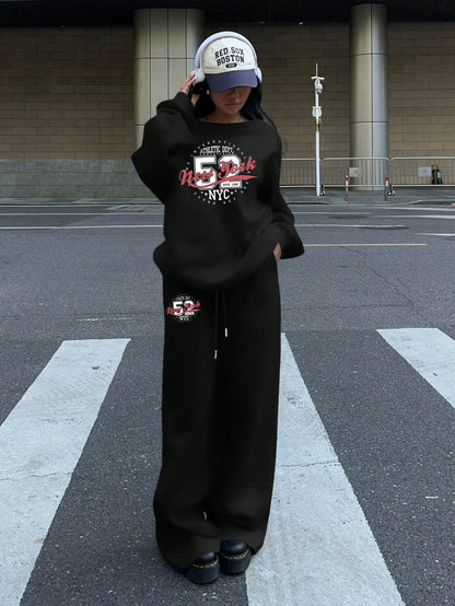 SXV 2pcs Ahletic dept Women's Set Oversized Off-Shoulder Loose Sweatshirt And Wide-Leg Thermal Lined Sweatpants For Autumn