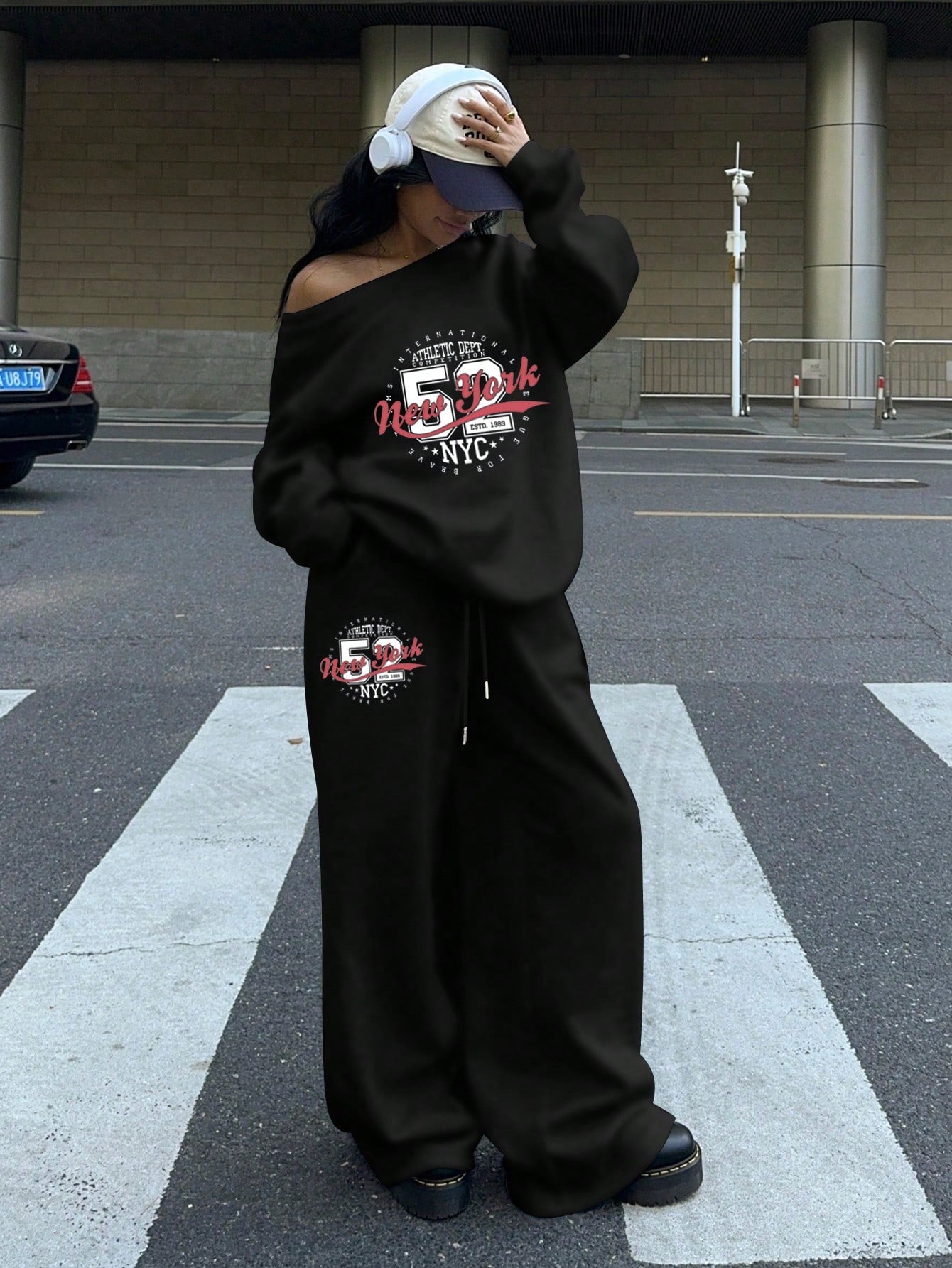 SXV 2pcs Ahletic dept Women's Set Oversized Off-Shoulder Loose Sweatshirt And Wide-Leg Thermal Lined Sweatpants For Autumn