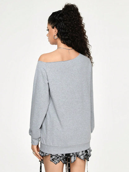SXV a gothic-style graphic print and the text Always have an escape plan on the front printed off shoulder grey sweatshirt