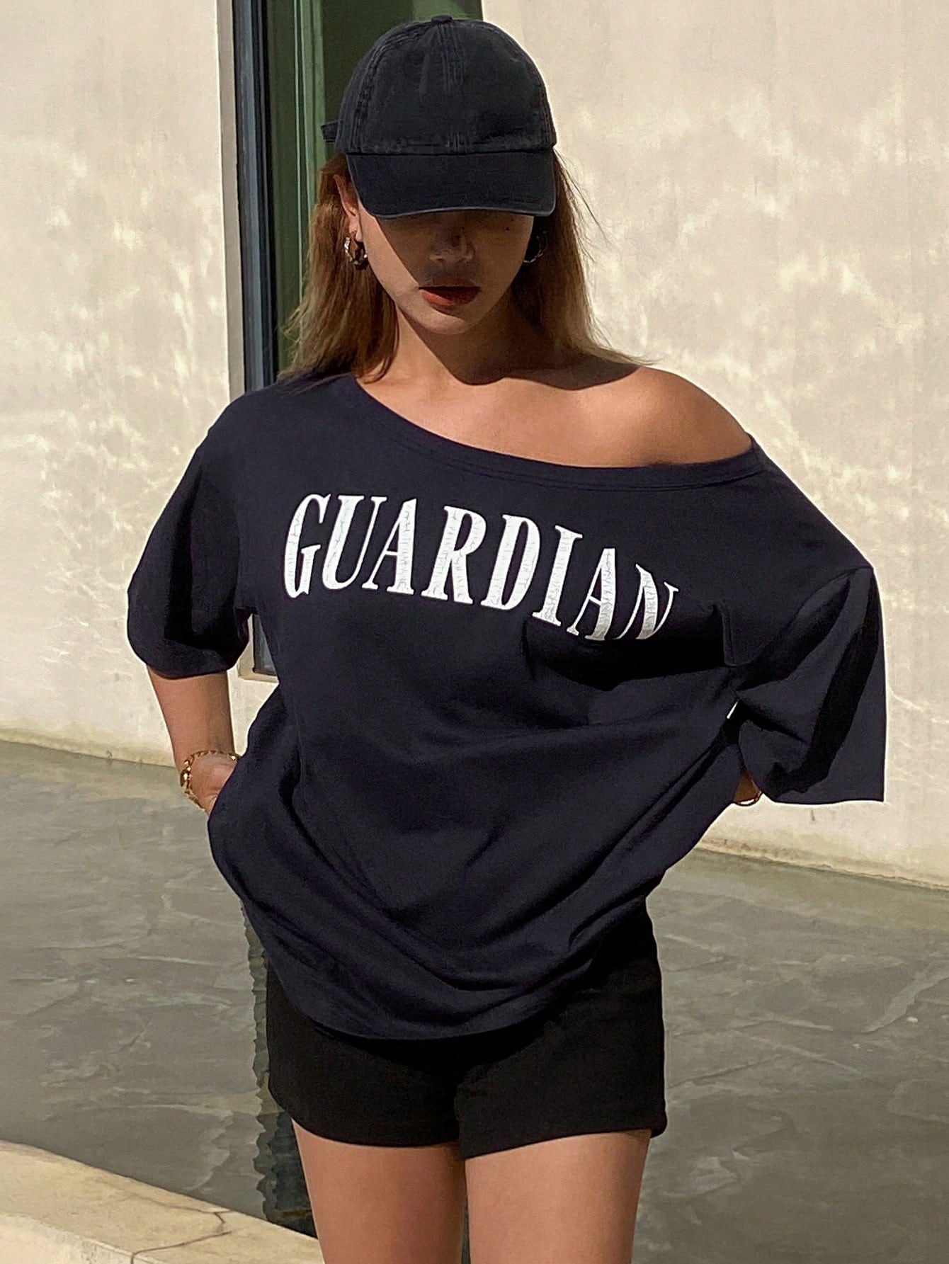 SXV Women Oblique Shoulder Letter Guardian Print Loose Short Sleeve T-Shirt