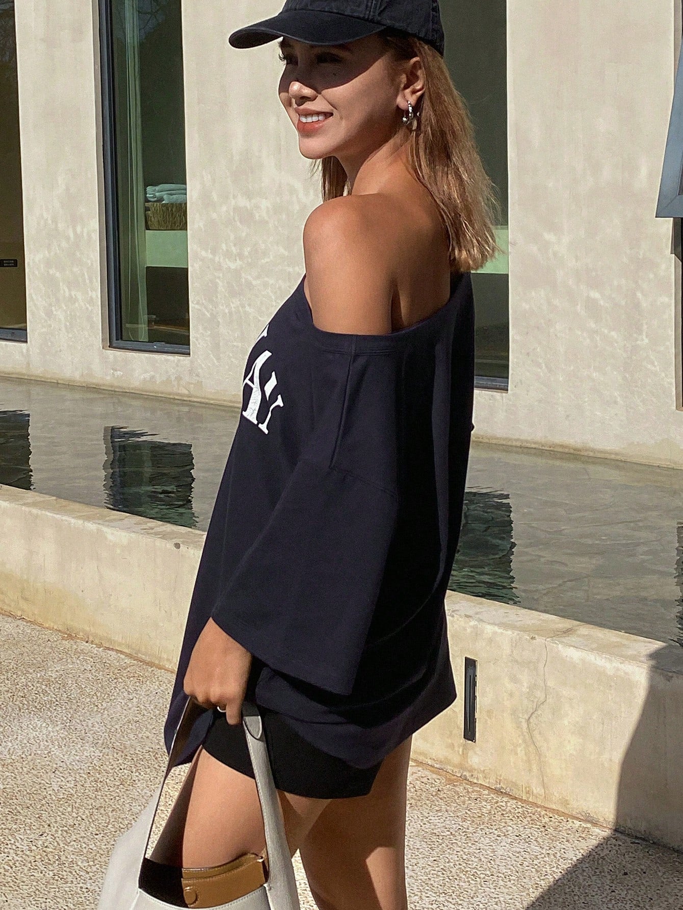 SXV Women Oblique Shoulder Letter Guardian Print Loose Short Sleeve T-Shirt