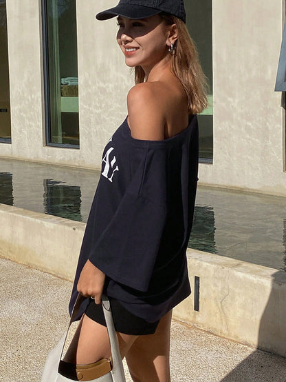 SXV Women Oblique Shoulder Letter Guardian Print Loose Short Sleeve T-Shirt