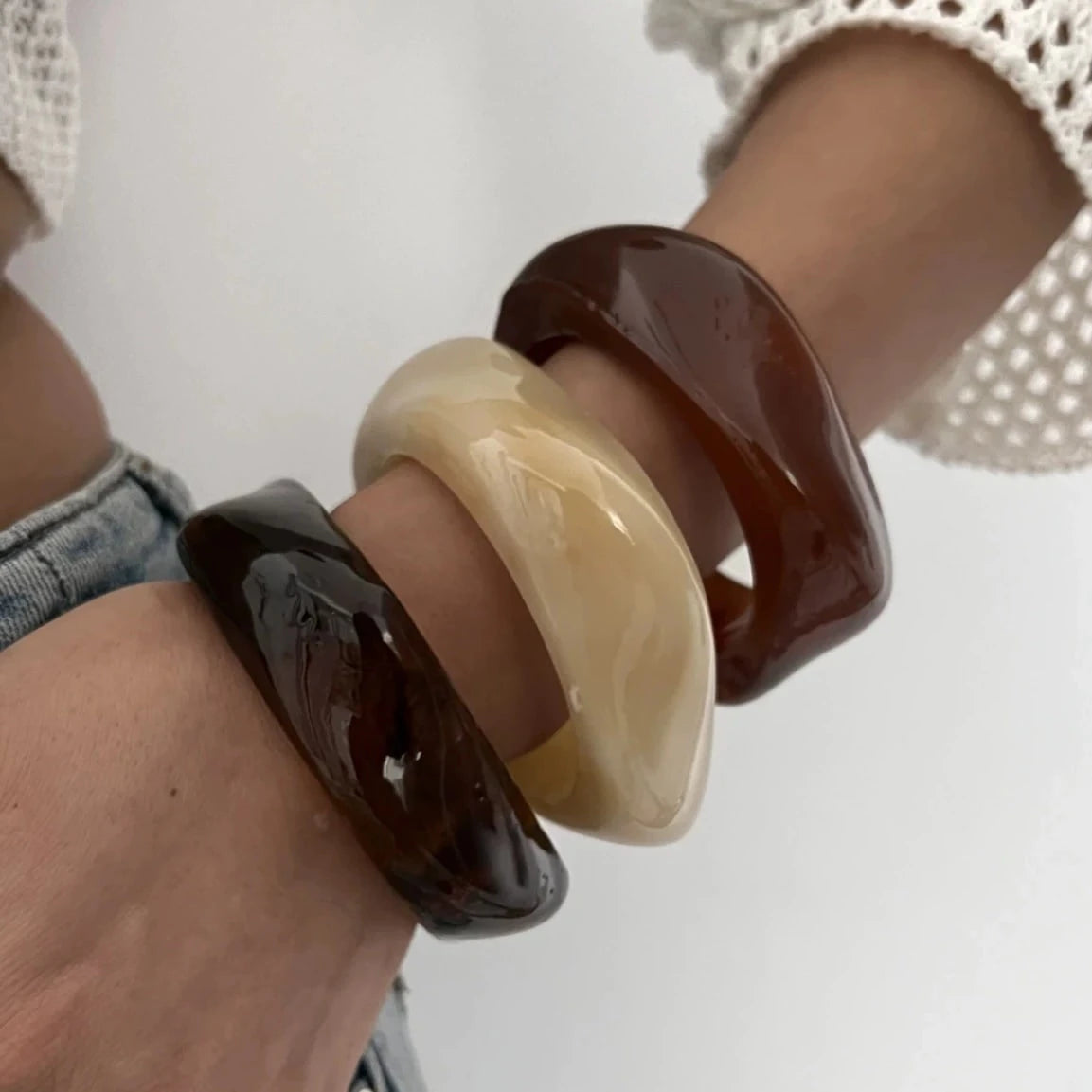 Vintage Large Brown Asymmetric Acrylic Resin Chunky Bangles For Women (set of 3) LIMITED STOCK FREE BANGLES on order above Rs.3000/-