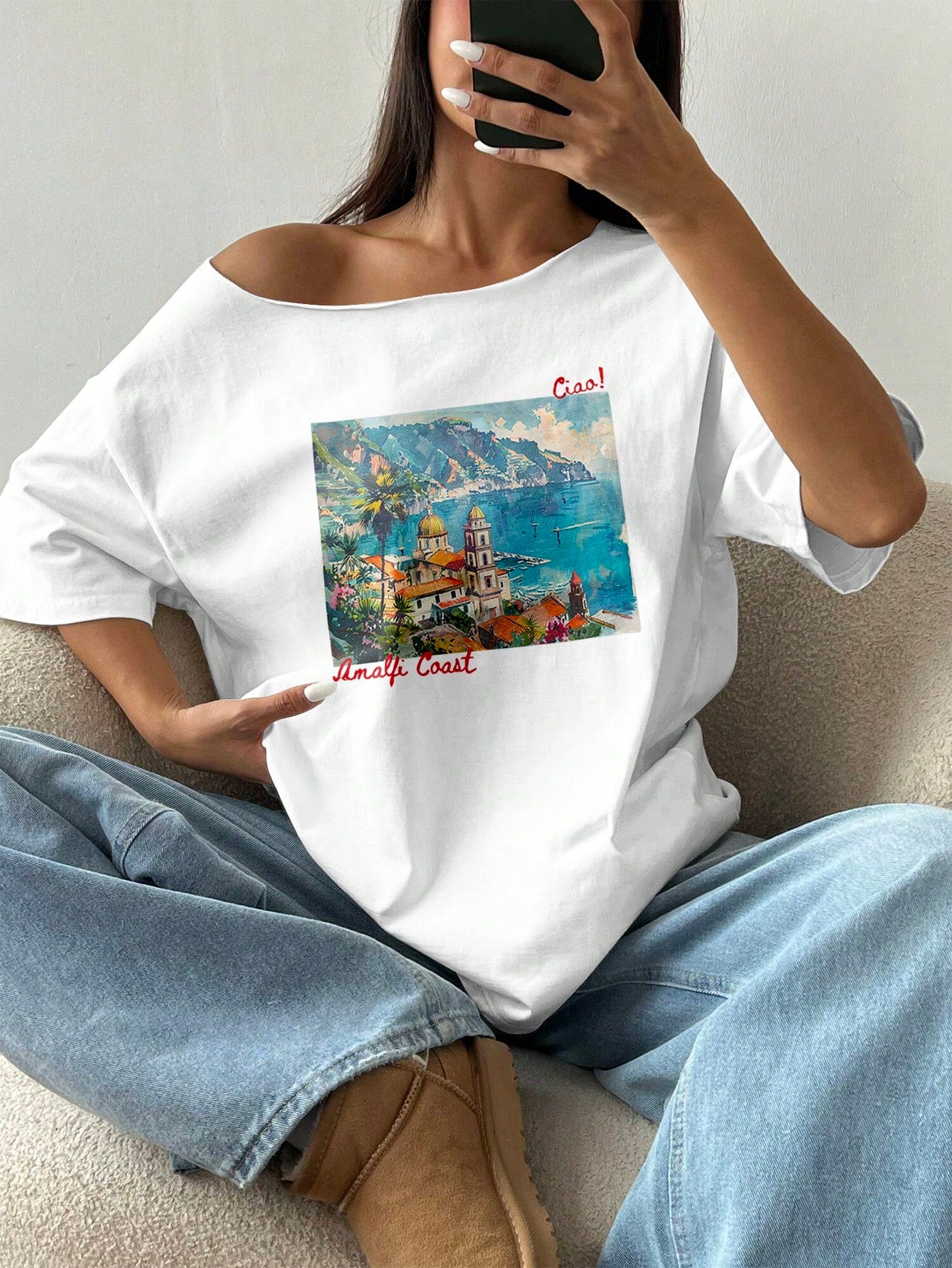 SXV Women's Loose Asymmetrical Shoulder Landscape Cityscape Oversized T-Shirt