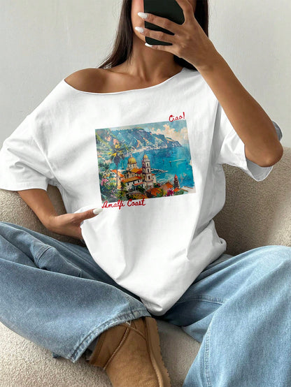 SXV Women's Loose Asymmetrical Shoulder Landscape Cityscape Oversized T-Shirt
