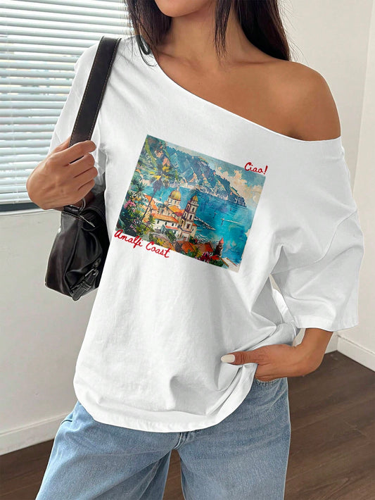 SXV Women's Loose Asymmetrical Shoulder Landscape Cityscape Oversized T-Shirt