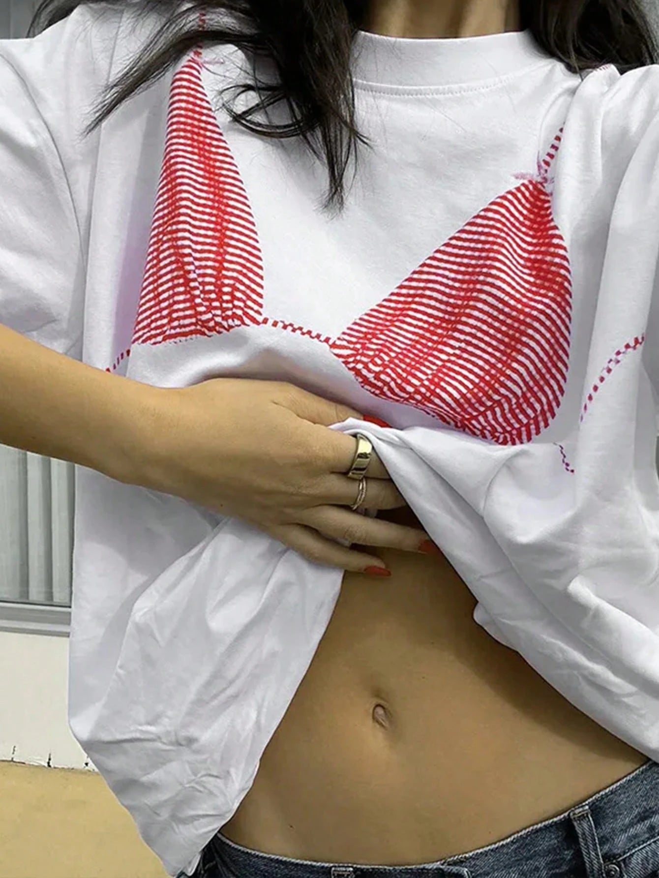 SXV Women Casual Round Neck Short Sleeve White T-Shirt With Bikini Print