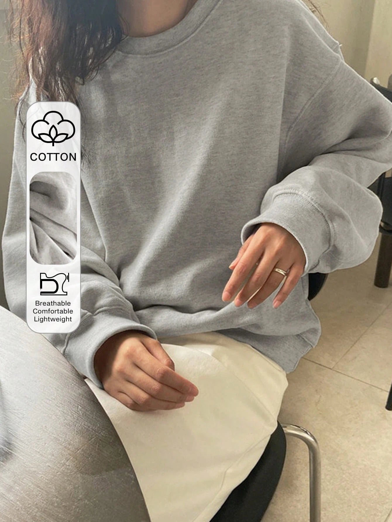 SXV Grey Solid Round Neck Drop Shoulder Plain Oversized Sweatshirt