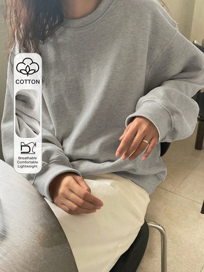 SXV Grey Solid Round Neck Drop Shoulder Plain Oversized Sweatshirt