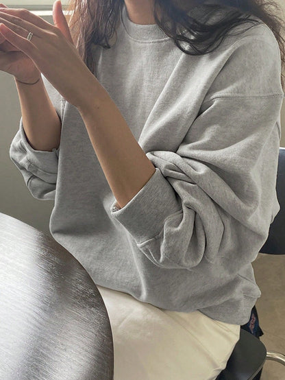 SXV Grey Solid Round Neck Drop Shoulder Plain Oversized Sweatshirt