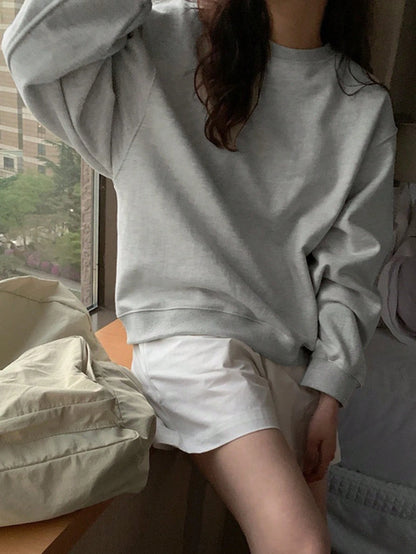 SXV Grey Solid Round Neck Drop Shoulder Plain Oversized Sweatshirt