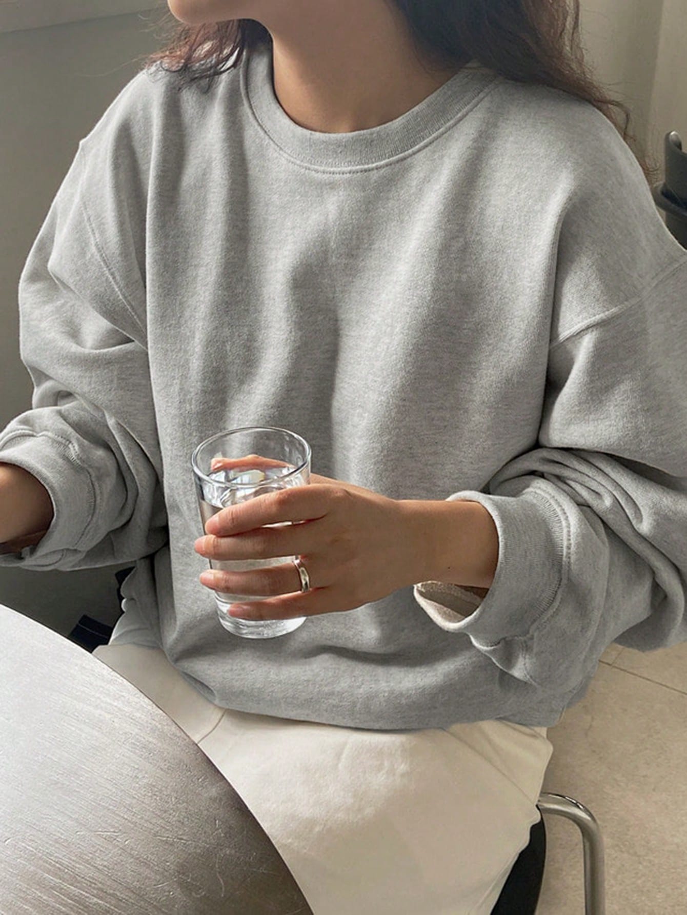 SXV Grey Solid Round Neck Drop Shoulder Plain Oversized Sweatshirt
