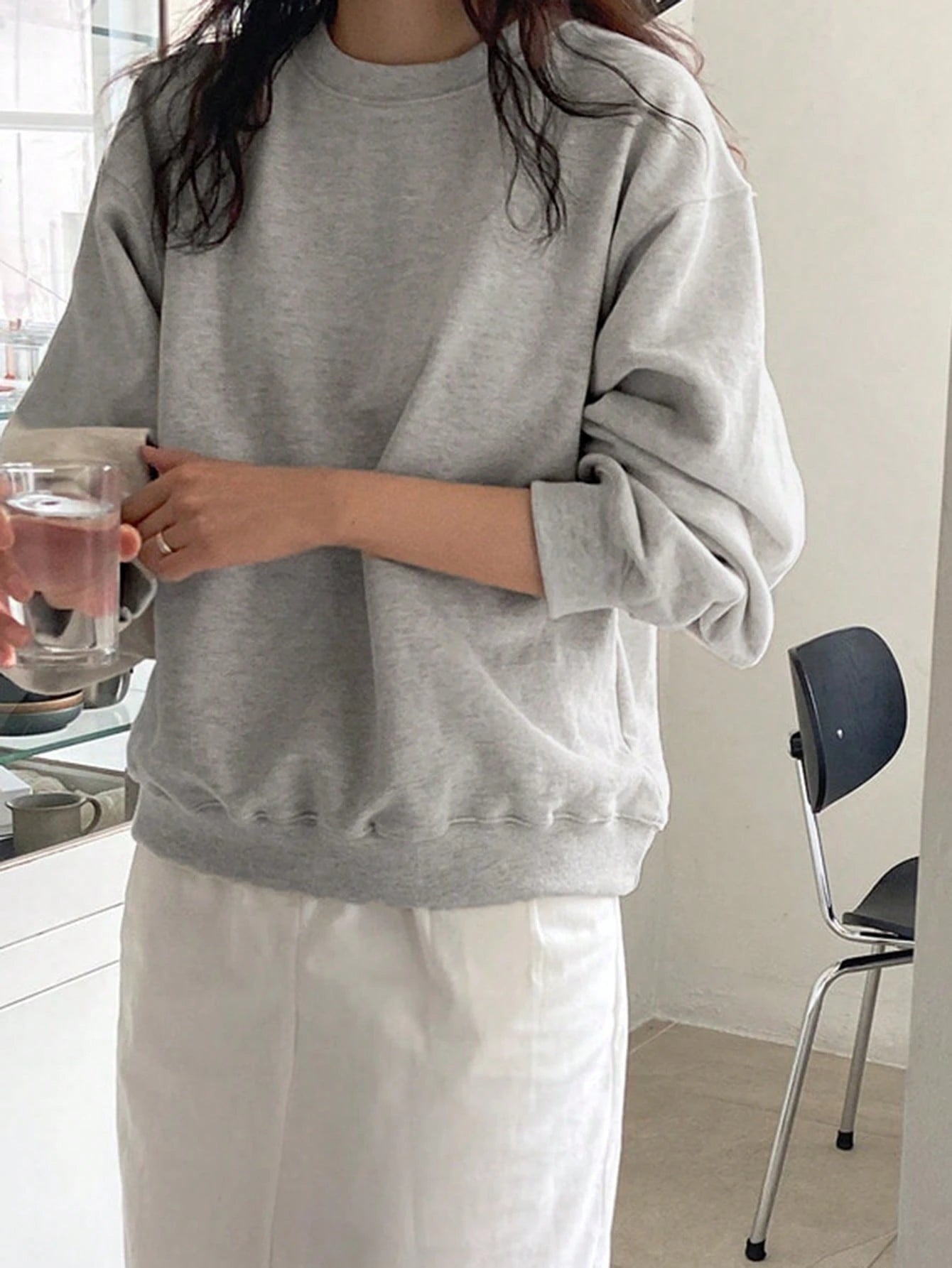 SXV Grey Solid Round Neck Drop Shoulder Plain Oversized Sweatshirt